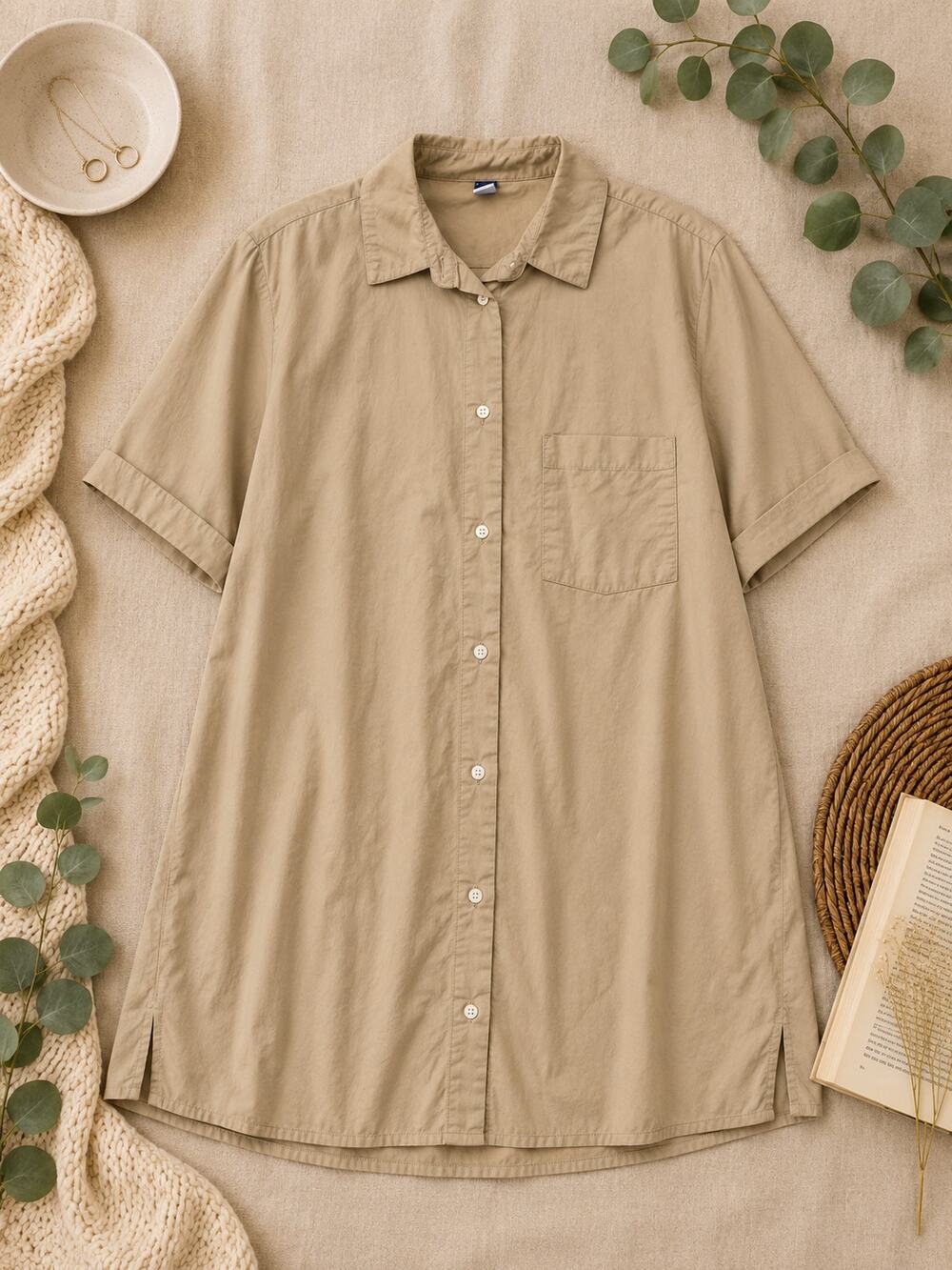 Old Navy Shirt Dress Toasted Almond Button Front Cotton Quiet Luxury SZ LT